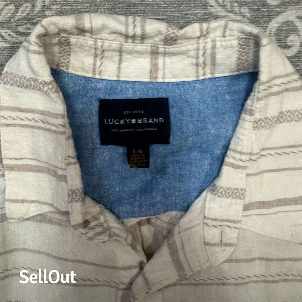 Lucky Brand Men's Large Ivory Striped Linen Blend Button-Up Shirt - Picture 9 of 9